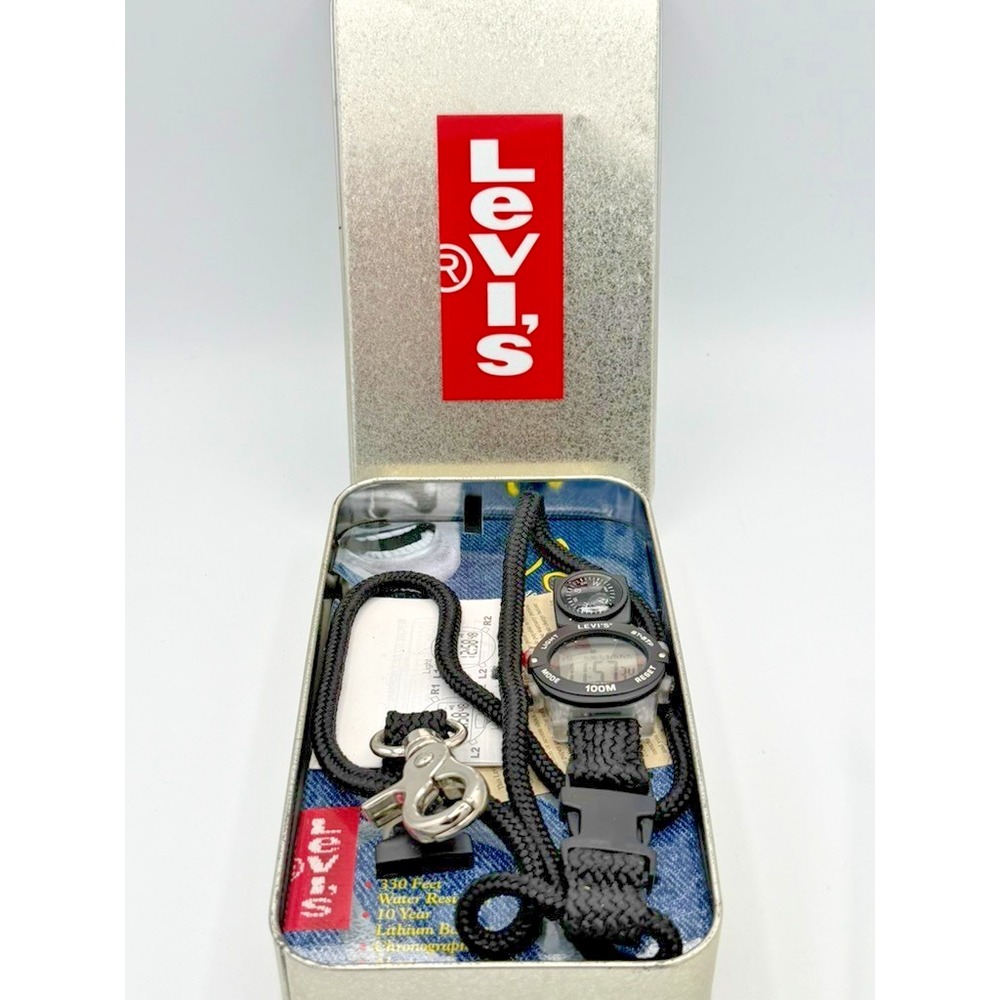 Vintage Levi's Storm Clip Digital Watch Compass Tin Y2K New Battery Works